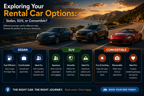 Vous explorez vos options de location de voiture : berline, SUV ou cabriolet ?